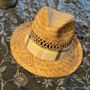 Columbia Woven Straw Hat with Plaid Grey and Yellow  Band Size S/M